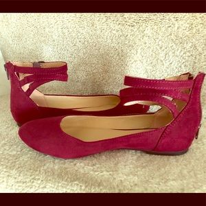 Burgundy velvet flats with ankle straps